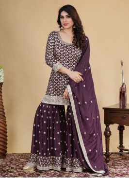 Wine Embroidered Gharara Suit In Crepe Silk