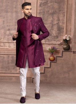 Wine Embroidered Indowestern Set In Silk