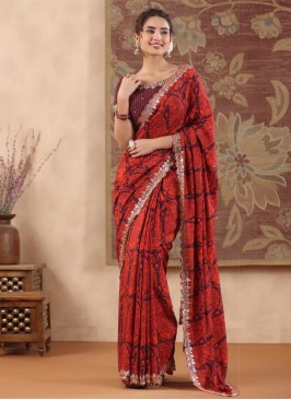 Wine Fancy Printed Gorgeous Satin Silk Saree