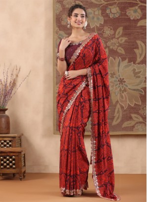 Wine Fancy Printed Gorgeous Satin Silk Saree