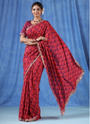 Wine Floral Prnted Satin Silk Saree