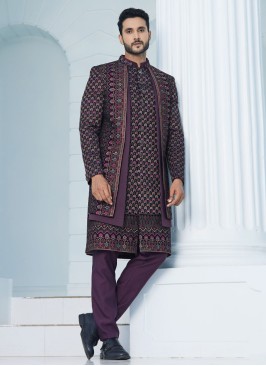 Wine Jacket Style Indowestern Set For Groom