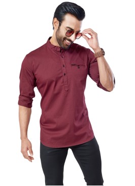 Wine Mens Short Kurta In Cotton