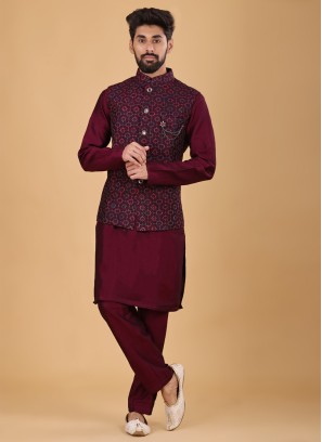 Wine Nehru Jacket Set