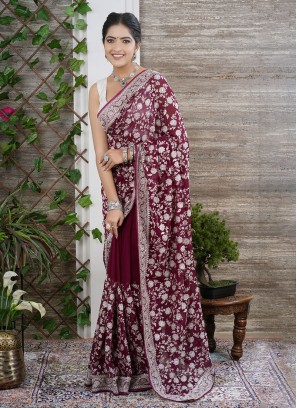 Traditional Deep Red Organza Bridal Saree