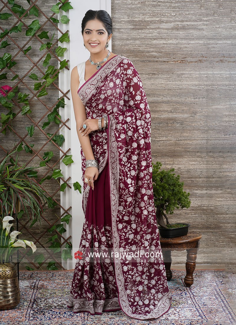 Ombre chiffon saree in Olive green and pink