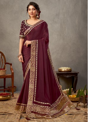 Wine Satin Silk Embroidered Designer Saree