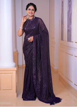 Wine Sequins Embroidered Wedding Classic Saree