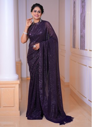 Chiffon Saree in Wine Color With Elegant Floral Work