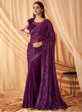 Purple Designer Sequins Embroidered Chiffon Silk Saree