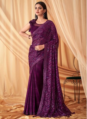 Chiffon Saree in Wine Color With Elegant Floral Work