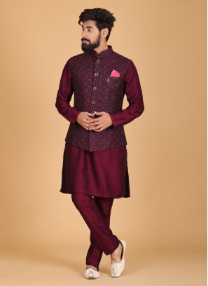 Wine Silk Fabric Nehru Jacket Set