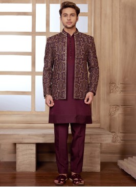 Wine Thread Embroidered Jacket Style Indowestern Set In Silk