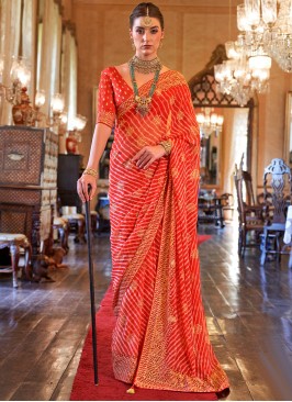 Gorgeous Orange Printed Georgette Saree