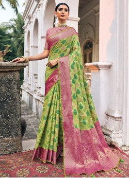 Green Organza Designer Saree With Zari Border