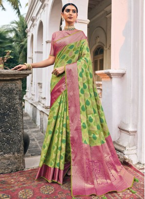 Green Organza Designer Saree With Zari Border