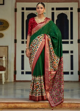 Green and Maroon Silk Saree With Patola Prints