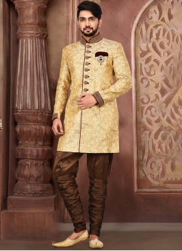 Woven Art Silk Indowestern in Dark Beige