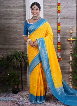 Yellow And Blue Weaving Designer Saree