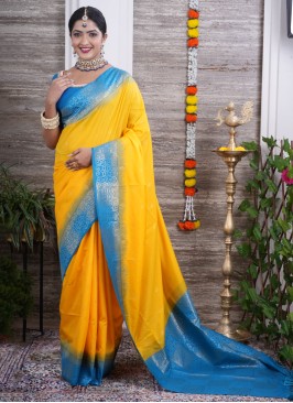 Yellow And Blue Weaving Silk Saree