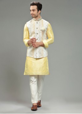 Yellow And Cream Nehru Jacket Set In Silk