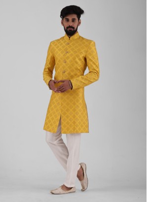 Yellow And Off White Designer Indowestern Set