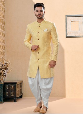 Yellow And Off White Dhoti Style Indowestern For Men