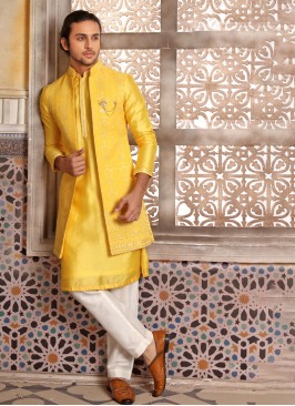 Yellow And Off White Men's Indowestern Set In Cotton Silk
