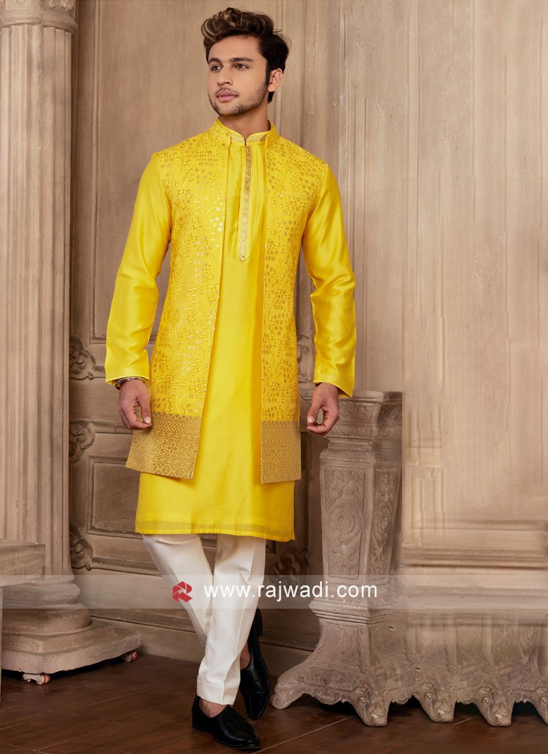 Yellow And Off White Nehru Jacket Set For Men