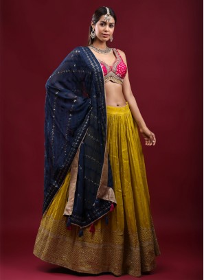 Yellow And Pink Zari Work Lehenga Choli