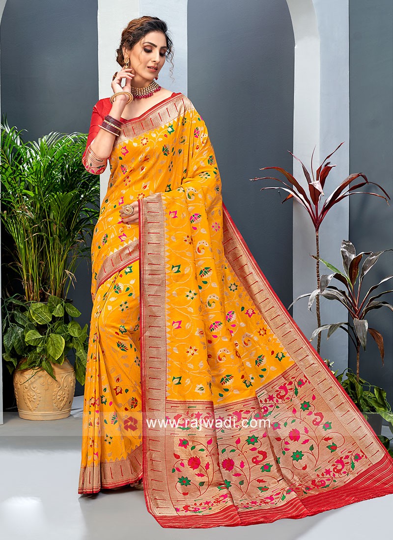 Bright yellow banarasi silk saree