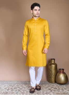 Yellow And White Cotton Silk Kurta Pajama