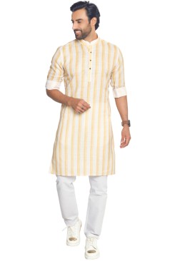 Yellow And White Kurta Set In Khadi Cotton With Lining Work