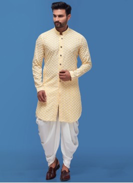 Yellow And White Lucknowi Work Indowestern Set