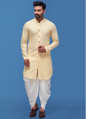 Yellow And White Lucknowi Work Indowestern Set