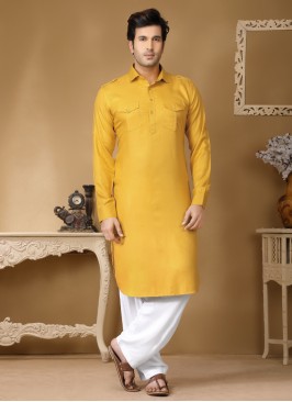 Yellow And White Mens Pathani Suit