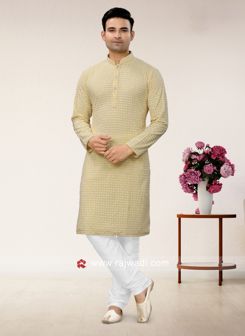 Light yellow kurta white pajama sale