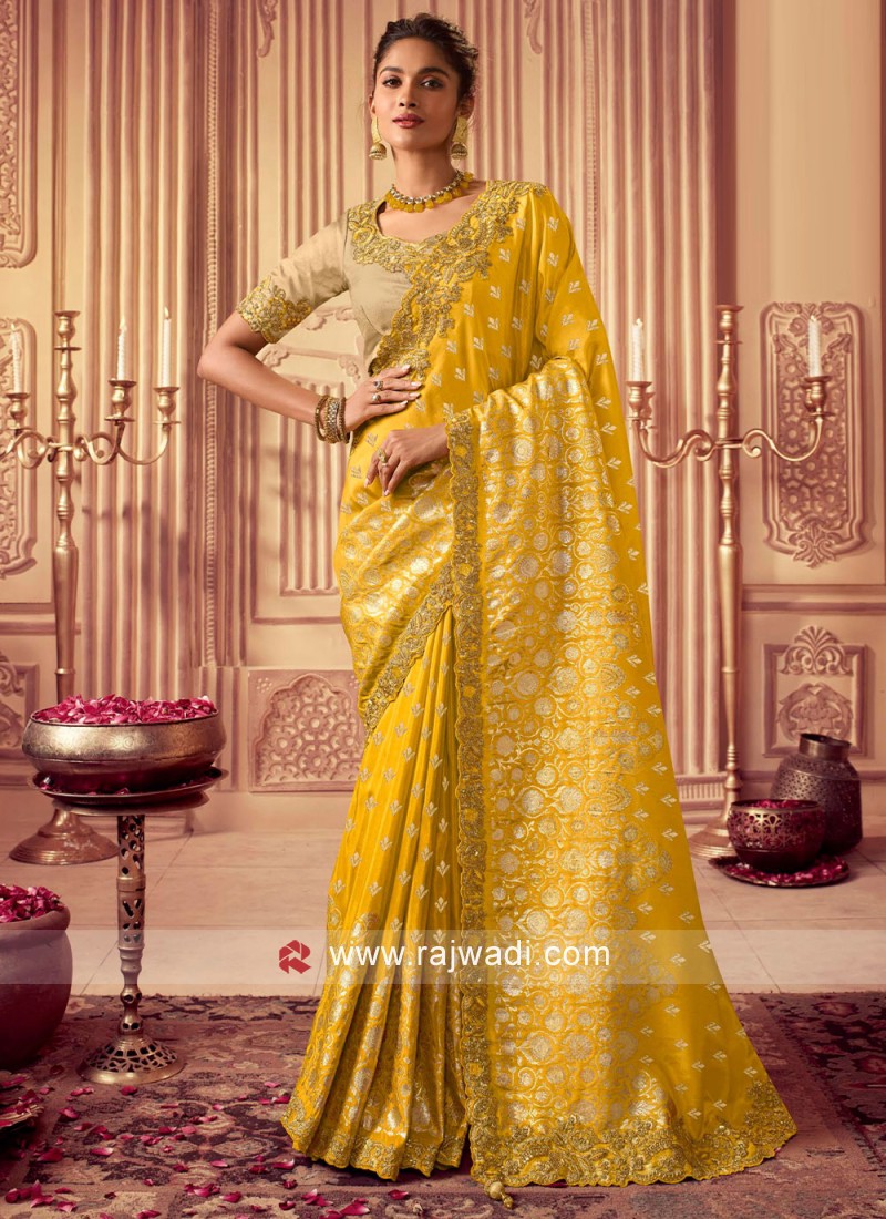 Maize Golden Shimmer Satin Designer Saree – MySilkLove