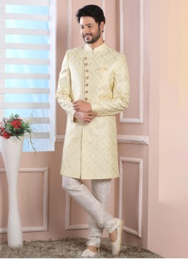 Yellow Color Art Silk Indowestern For Men