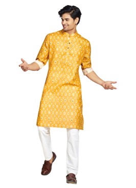 Yellow Color Cotton Printed Kurta Pajama