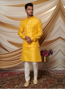 Yellow Color Nehru Jacket In Art Silk