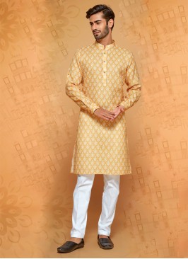 Yellow Color Printed Cotton Silk Kurta Pajama