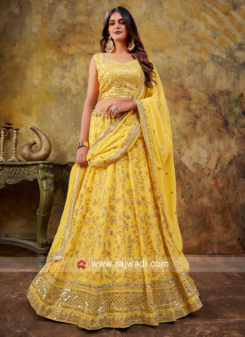 Lemon Yellow Colour Embroidered Attractive Party Wear Silk Lehenga cho