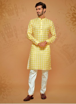 Yellow Cotton Silk Printed Kurta Pajama