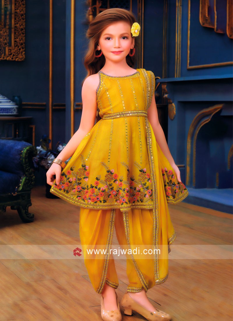Yellow Jacquard Embroidery Work Dhoti Salwar Suit