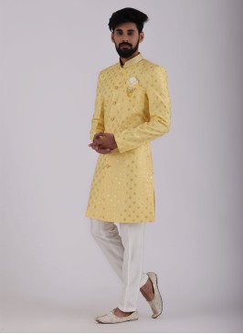 Yellow Embroidered Indowestern For Mens