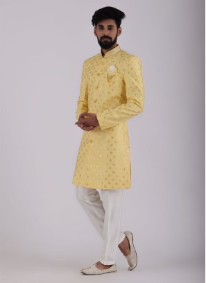 Yellow Embroidered Indowestern For Mens