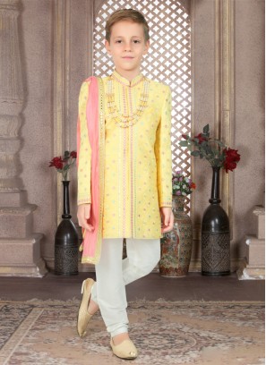 Yellow Embroidered Sherwani Set In Art Silk