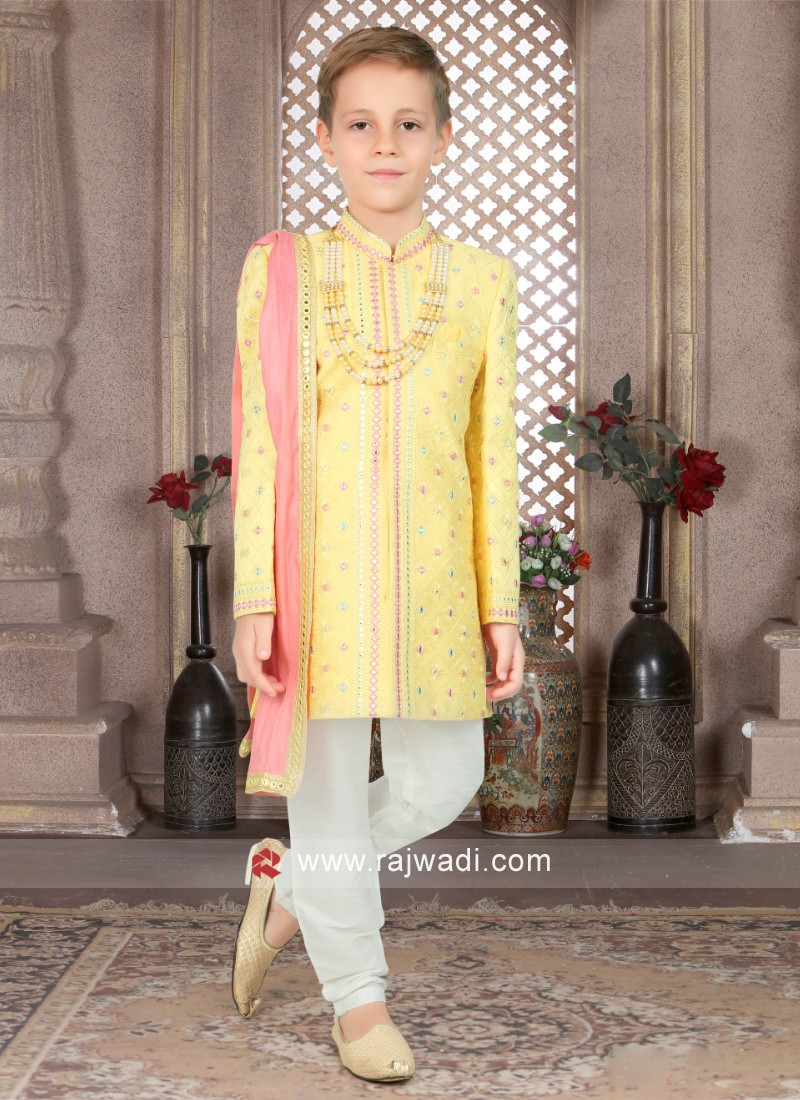 Yellow Embroidered Sherwani Set In Art Silk