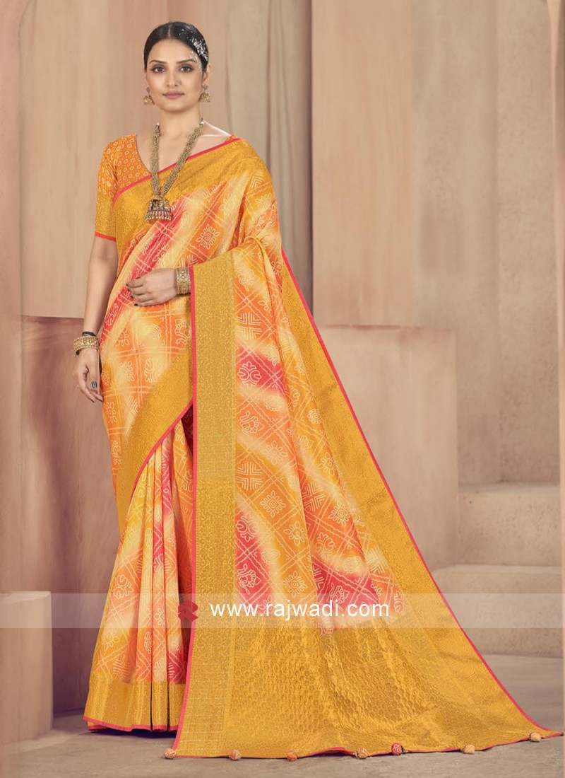 Yellow Saree with Blouse at best price in Ahmedabad by Aayushman Infotech |  ID: 4692054933